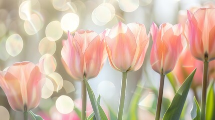 Photo of a cluster of pink tulips blooming outdoors in a garden, with a soft focus on the petals, creating a dreamy and vibrant springtime scene.