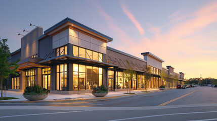 Modern shopping center at sunset with illuminated windows