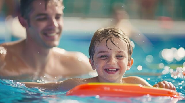 Young child smiles while learning to swim with a kickboard guided by a coach in the pool