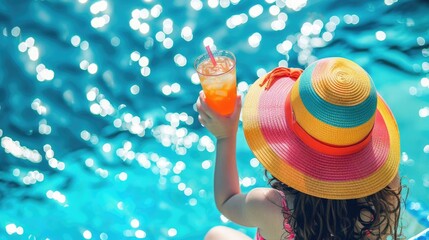 Child in a colorful summer hat enjoying a cold drink by the pool, radiating summer holiday vibes