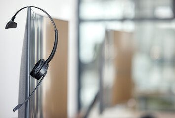 Call center, headset and monitor in agency, desk and telemarketing for customer service or tech...