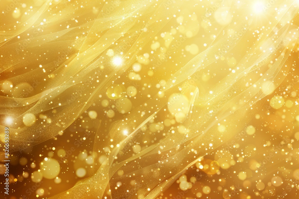 Poster abstract golden background with sparkling light particles and smooth wavy lines