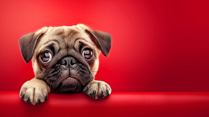 Grumpy pug puppy with big eyes and a sad expression and a red background with copy space for text, AI generated