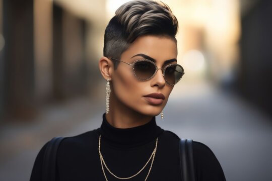 A woman with a short pixie cut wearing sunglasses.