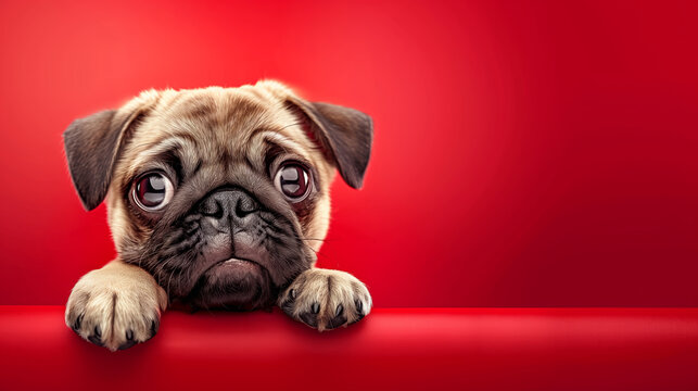 Grumpy pug puppy with big eyes and a sad expression and a red background with copy space for text, AI generated