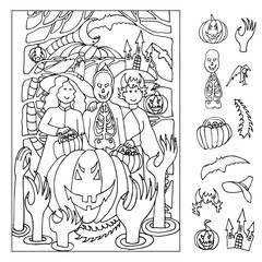 Halloween. Find and color hidden objects in the picture. Witch, bats, hands, castle, moon, snake, pumpkins on a night of celebration. Coloring page. Trick or treat. Hand drawn vector illustration