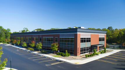 Obraz premium Modern industrial warehouse, aerial view, large parking lot