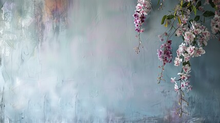 A light blue paint on the wall with fresh flowers hanging down.