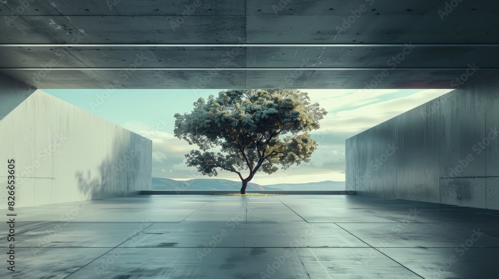 Sticker Cement garage modern design. Futuristic architecture building with tree background with empty space floor, concrete floor