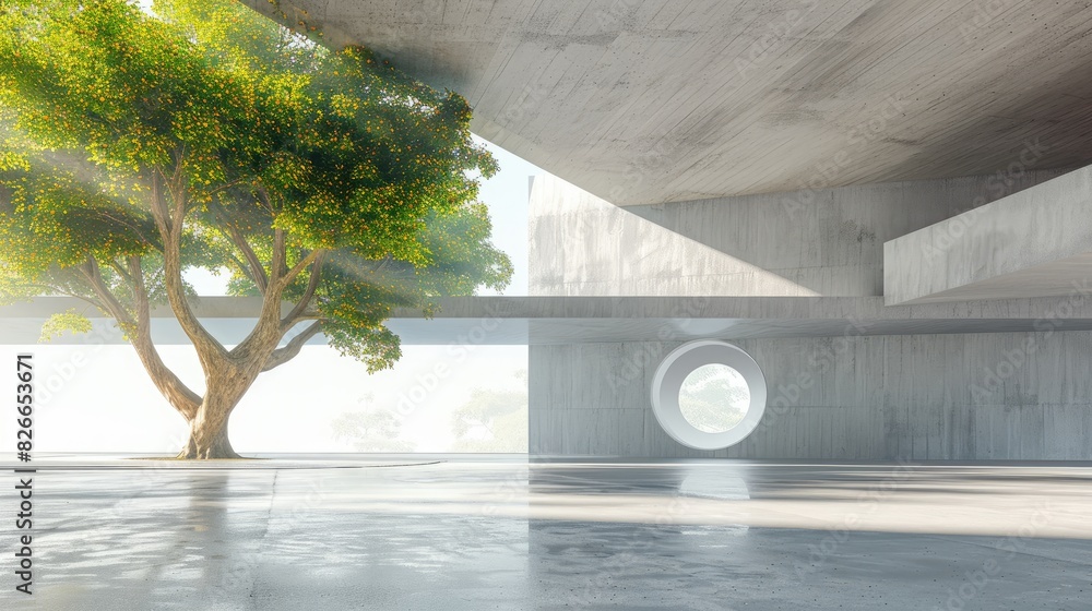 Poster cement garage modern design. futuristic architecture building with tree background with empty space 