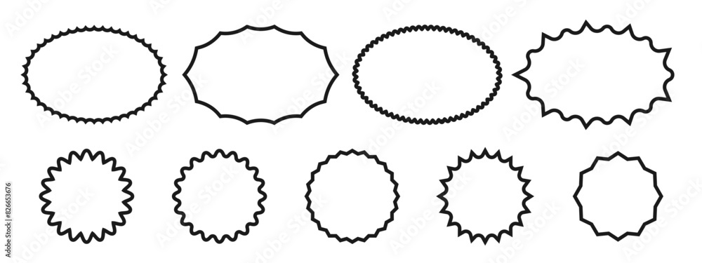 Poster set of graphic wavy round and oval design frames. zigzag geometric outlines of round sticker. vector