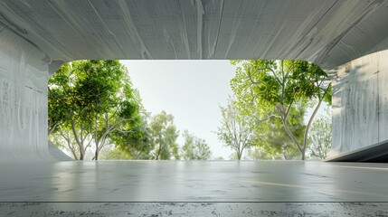 Cement garage modern design. Futuristic architecture building with tree background with empty space...
