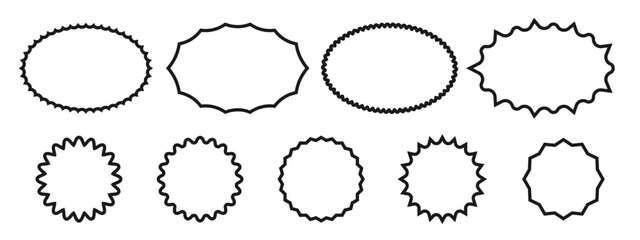 Set of graphic wavy round and oval design frames. Zigzag geometric outlines of round sticker. Vector simple illustration.