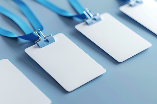 Row of blank name tags with blue lanyards on a light blue surface, ready for customization, ideal for events, conferences, and meetings.