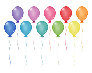 Rainbow colored balloons. Colorful balloons vector set. Balloons with ribbons isolated on transparent background. Flying helium ball illustration