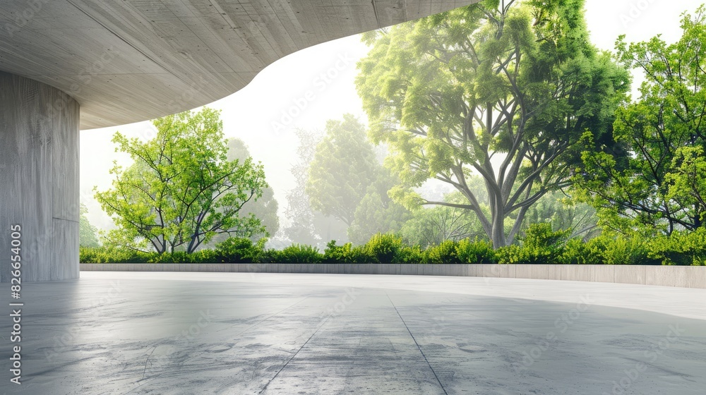 Poster cement garage modern design. futuristic architecture building with tree background with empty space 