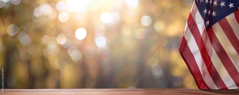 Poster close up of american flag on wooden table with blurred background generative ai