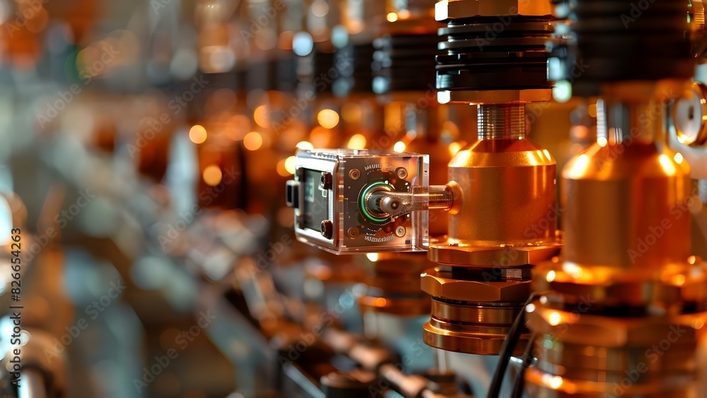 Poster closeup of sensor on factory floor collecting rea. concept factory automation, sensor technology, da
