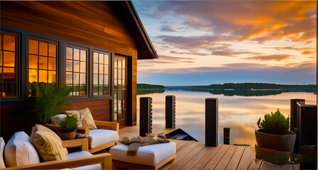 Fototapeta premium Exterior of wooden house with terrace and sunset over lake