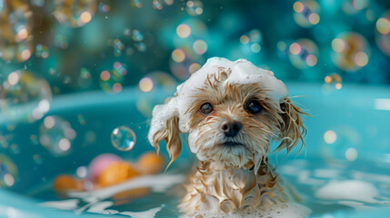 Happy pet taking a bath with soap foam on its head, colorful background, floating bubbles, pet toy nearby