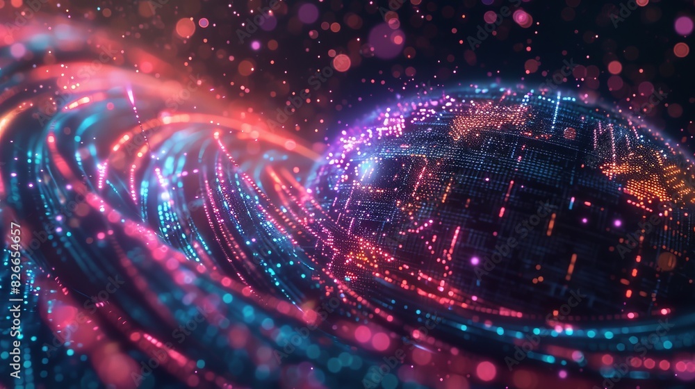 Poster abstract digital landscape with swirling lights, resembling data networks and futuristic technology 