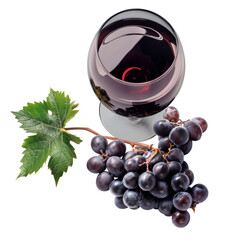A glass of red wine with decorative fresh grapes, seen from above. Isolated on a transparent background. Works better on light backgrounds.