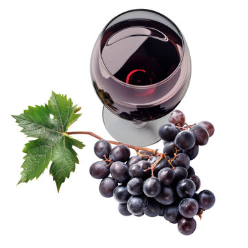 A glass of red wine with decorative fresh grapes, seen from above. Isolated on a transparent background. Works better on light backgrounds.