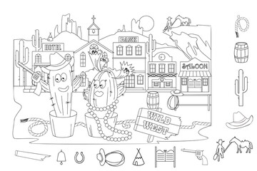 Obraz premium Find and color hidden objects. Wild West Cactus cowboy and cowgirl. Coloring page. Puzzle Hidden Items. Game for kids. Landscape with Western city. Funny Cacti flower pots. Sketch vector illustration