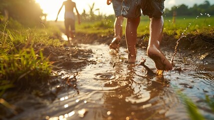 Children playing in a muddy and wet field, enjoying the outdoors and natural environment under the warm sunlight.