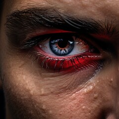 Obraz premium Close-up of a human eye with intense blue iris and red surrounding, capturing detailed texture and emotion.