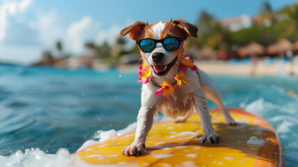 Cute Dog Surfing with Sunglasses: Hawaiian-Themed Adventure with Blue Sky, White Clouds, and Beach Hotel Scenery. Generative AI.