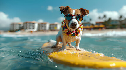 Cute Dog Surfing with Sunglasses: Hawaiian-Themed Adventure with Blue Sky, White Clouds, and Beach Hotel Scenery. Generative AI.