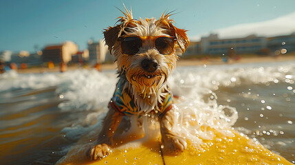 Cute Dog Surfing with Sunglasses: Hawaiian-Themed Adventure with Blue Sky, White Clouds, and Beach Hotel Scenery. Generative AI.