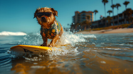 Cute Dog Surfing with Sunglasses: Hawaiian-Themed Adventure with Blue Sky, White Clouds, and Beach Hotel Scenery. Generative AI.