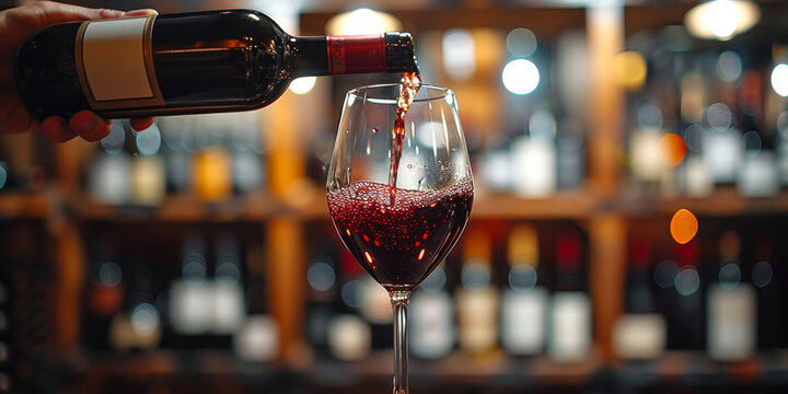 Closeup of Red Wine Being Poured into Glass in Wine Cellar with Blurred Bottles Background, Creating Atmosphere of Elegance and Sophistication