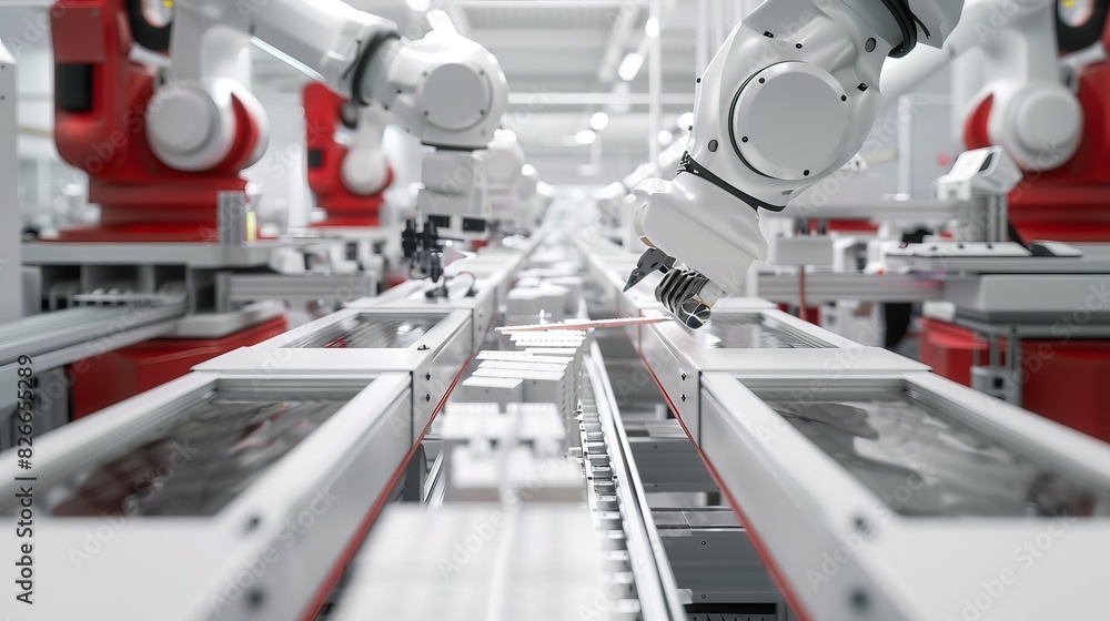 Aufkleber closeup of an advanced automated factory production line with robotic arms in a high-tech industrial