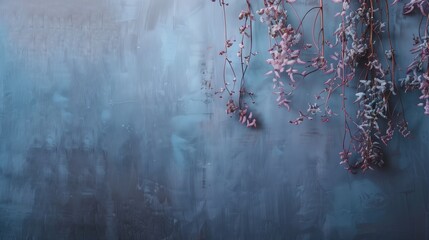 A light blue paint on the wall with fresh flowers hanging down.