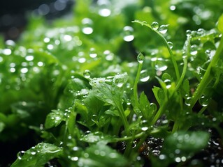 Close-up of fresh green plants with water droplets, showcasing natural beauty and vibrant greenery in a garden setting.