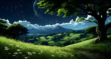 AI generated illustration of a lush meadow with blooming flowers under a bright full moon