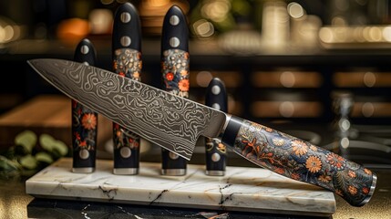 A gourmet kitchen knife set on a marble stand, with a softly blurred retail background, accented by abstract lines and nature-inspired motifs for a contemporary look.