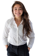 Photo of a smiling Asian woman in a white shirt and black pants, posing confidently against a white background, exuding joy and professionalism.