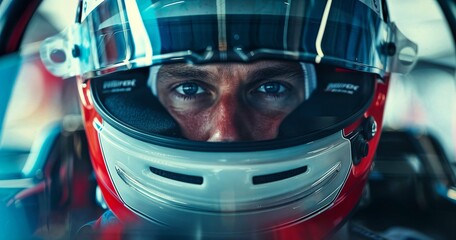 Determined Race Car Driver in Helmet Inside Formula Car, Captured with Cinematic Lighting