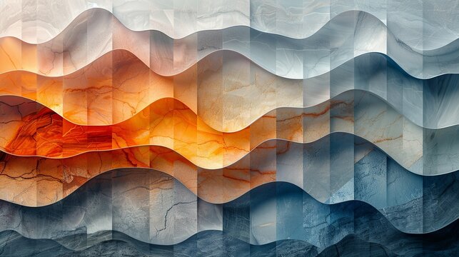 Modern background with overlapping transparent geometric shapes, subtly blended with natural textures like wood grain or stone, creating a balanced, serene composition.