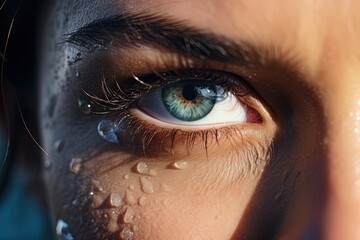 Woman's Blue Eye with Water Droplets