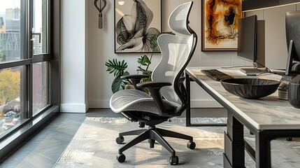 A modern ergonomic chair with a mesh backrest and adjustable features, designed for maximum comfort and support, placed in front of the desk in a central position.
