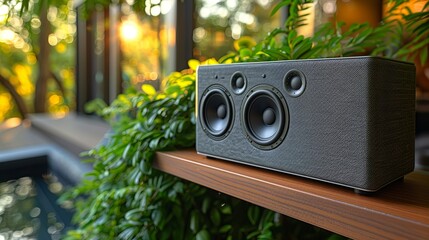 A modern, wireless speaker with a sleek design, placed on a shelf or desk corner, ready to play background music or provide clear audio for virtual meetings.