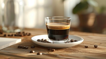 Fototapeta premium Hot coffee in a white glass containing coffee beans on a wooden table