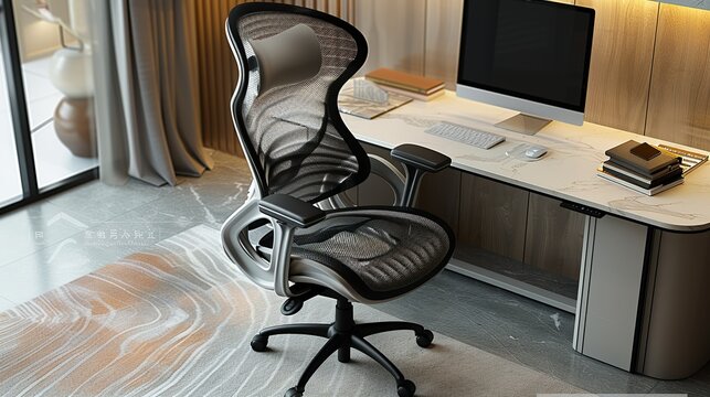 A modern ergonomic chair with a mesh backrest and adjustable features, designed for maximum comfort and support, placed in front of the desk in a central position.
