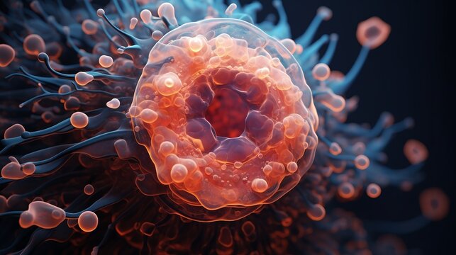 Close-up view of a biological cell showcasing intricate details of cellular structure and complexity under a microscope.