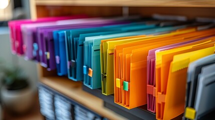 A set of clean, white file folders with colorful labels, organized neatly in a filing cabinet or on a shelf, making it easy to locate important documents quickly.